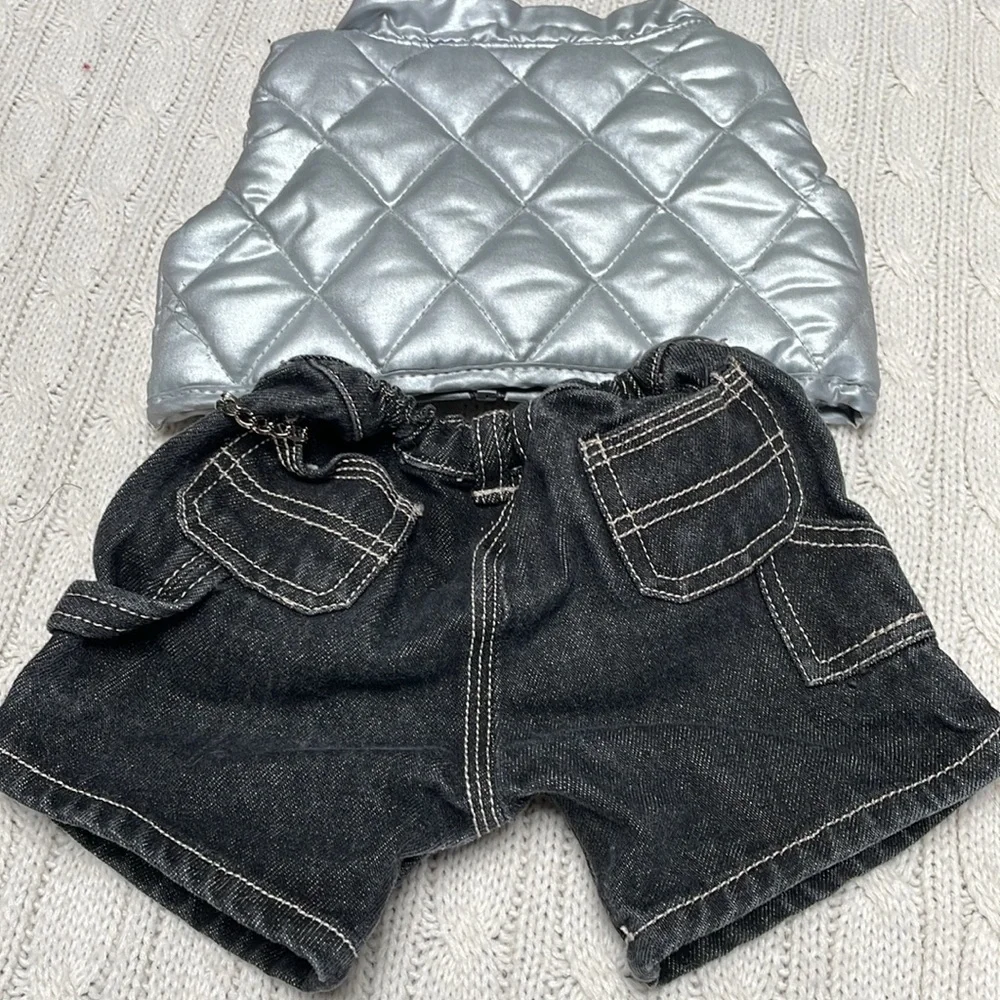 Build a Bear black denim jeans & silver puffer vest chain/pocket detail- jeans - Picture 6 of 10